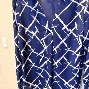 Blue & White Brush-Grid V-Neck Blouse